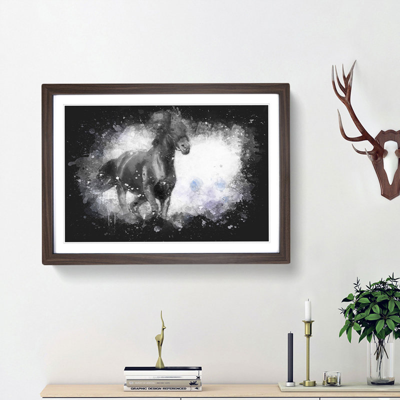 Wild Black Horse - Picture Frame Graphic Art Print, Walnut Framed, 45cm H x 63cm W x 2cm D