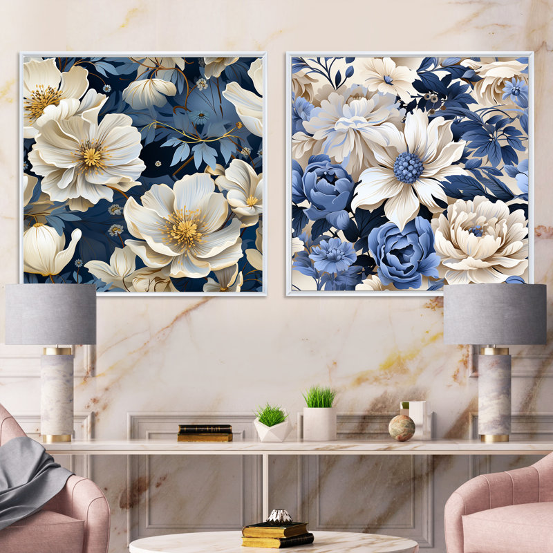 Oxley - Ensemble de 2 collages floraux carrés, Cadre flottant blanc, H 30 po x l 61 po