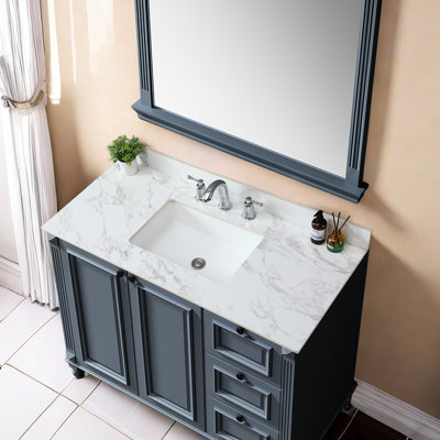 Comptoir de salle de bain en pierre frittée de 49 po x 22 po - blanc, lavabo rectangulaire encastré en céramique et élégant, 3 trous de robinet, pour armoire de l 48 po x P 21 po, installation facile avec meuble-lavabo à dosseret blanc