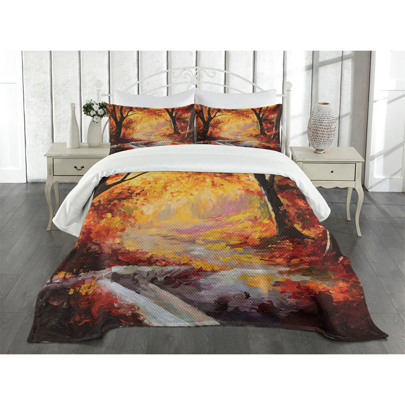 Ambesonne Autumn Bedspread Forest Trees, King Bedspread + 2 Standard Shams