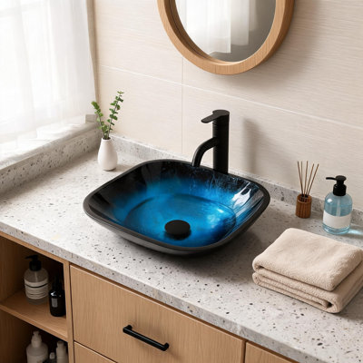 Vasque de salle de bain en verre trempé bleu de 43 cm (17 po) avec robinet et bonde clic-clac