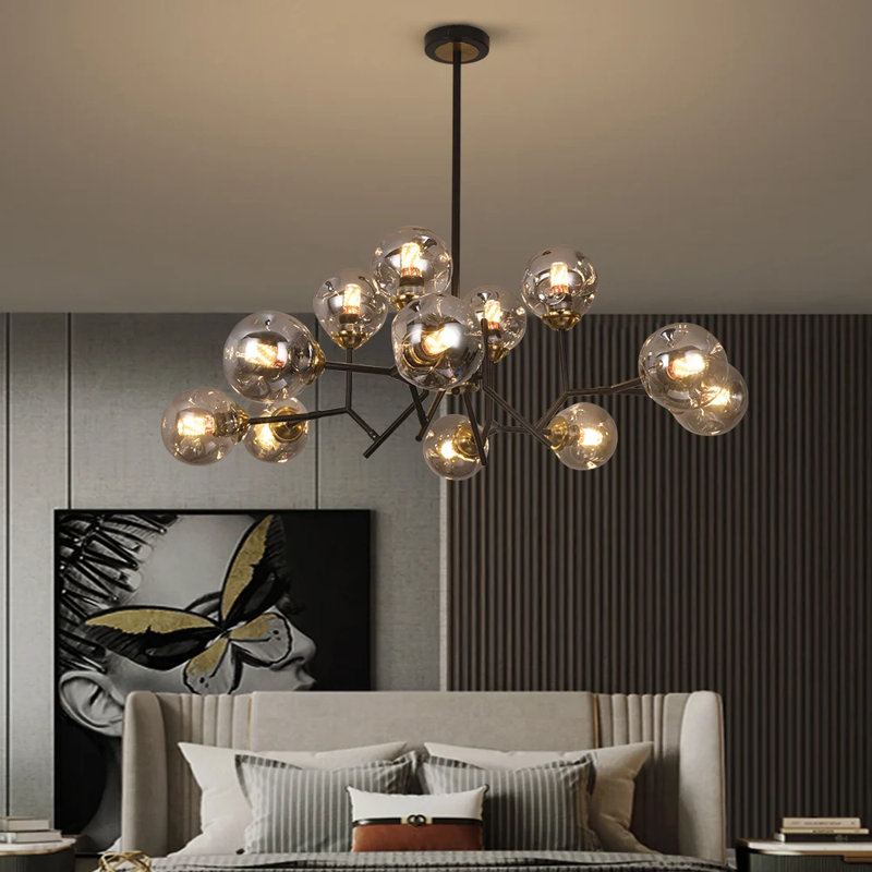 12 Light Black Chandelier Modern Pendant Light with Smoky Gray Globe Glass Shade, Multi-Directional Lighting, Iron and Glass Frame, Rod Suspension for Living Dining Kitchen, E26 Base, Hardwired