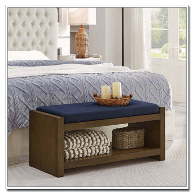 Banc de rangement à structure en bois avec coussin amovible, tablette inférieure