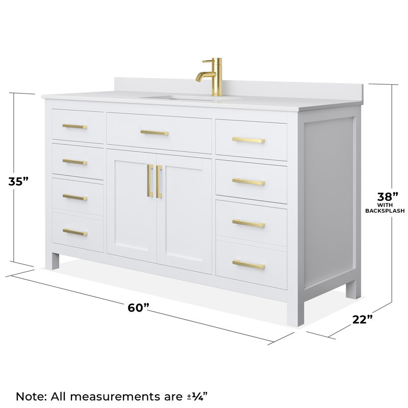 Beckett 60" Single Bathroom Vanity Set, White, White Cultured Marble, Brushed Gold