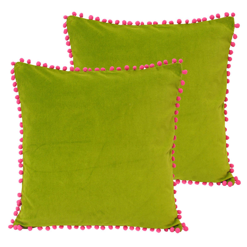 Velvet Pom Pom Cushion Twin Pack, Feathers, Green/Fuchsia