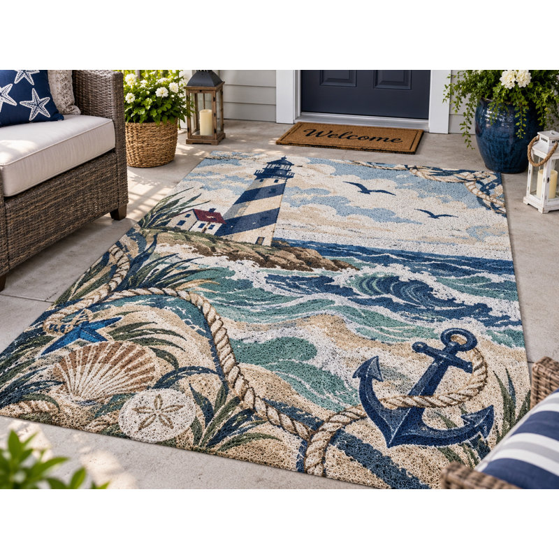 Tapis d'extérieur 152 x 213 cm (5 pi x 7 pi) à motif phare et ancre, style côtier, épais, imperméable, en PVC bouclé, résistant, séchage rapide, idéal pour l'entrée ou l'intérieur.