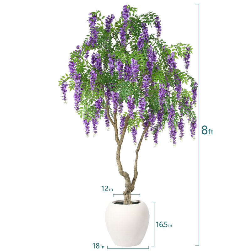 8ft Artificial Flower Tree with 18in White Planter, Tall Faux Matthiola incana Trees for Indoor