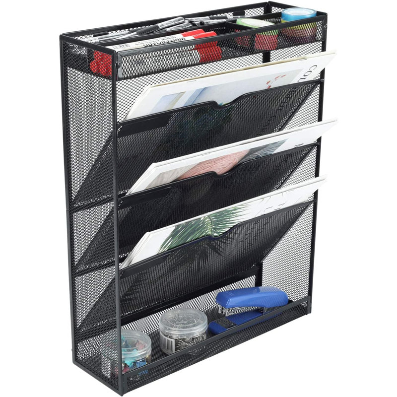 Black Mesh Desk File Organizer (4"D x 12.65"W x 16"H) – 5-Tier Wall-Mount/Vertical Holder with Bottom Tray & Accessories Storage