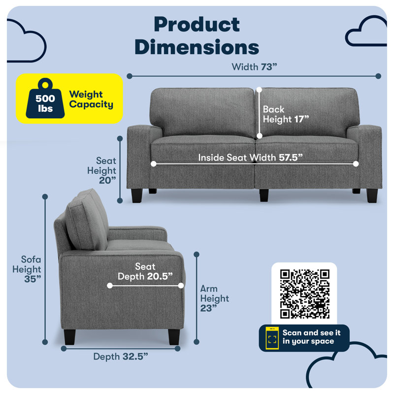 Serta Palisades 73" Track Arm Sofa, Easy Care Fabric, Soft Pillow Back, Pocket Coil Seat Cushions, Dark Gray Polyester Blend