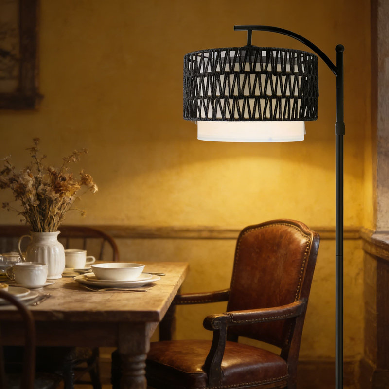 Arc Floor Lamp With Remote Control, Dimmable LED Bulb & Adjustable Color Temperature, Modern Farmhouse Standing Lamp With Rattan Shade For Living Room, Bedroom Or Office
