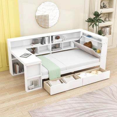 Lit de jour en L avec bureau intégré, tête de lit à lumière RVB et rangement caché