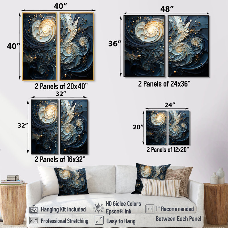 Spirales célestes III - Décoration murale spirales abstraites 2 pièces, Black, 36" H x 48" W, Impression encadrée flottante