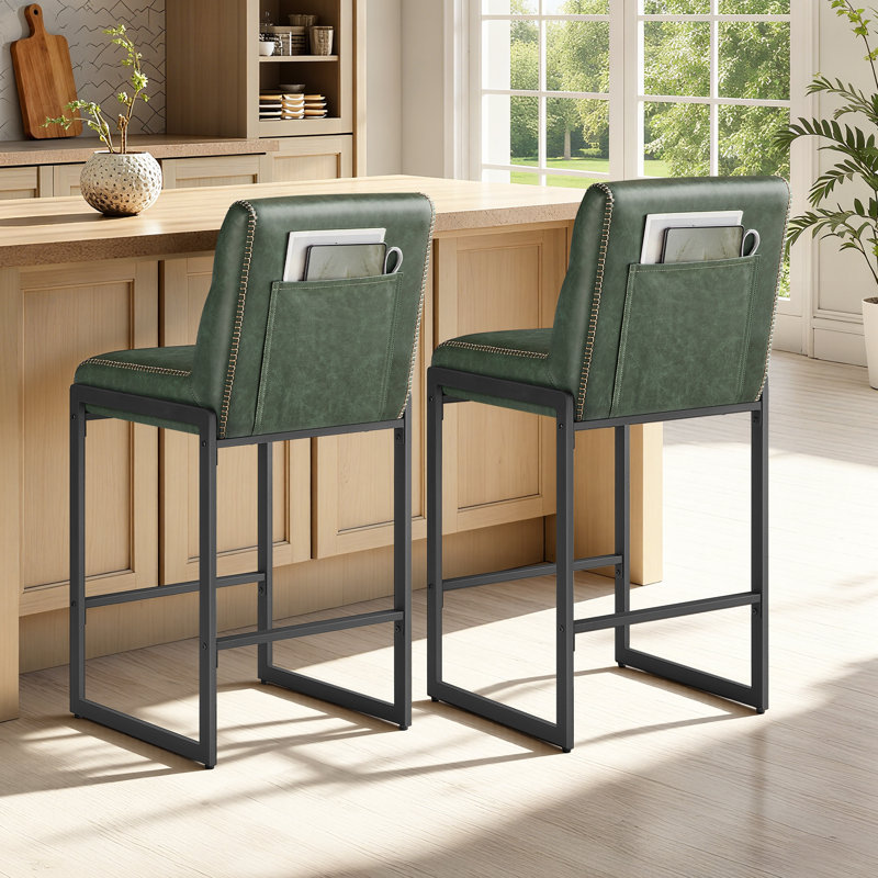 26.4 Inches Bar Chairs with Stitching, PU Leather, Green, Forest Green