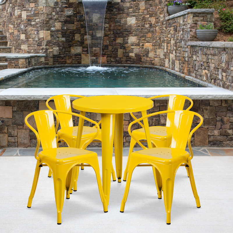 Cordele 24'' Round Metal Indoor-Outdoor Table Set with 4 Arm Chairs, Yellow, 29" H x 24" W x 24" L