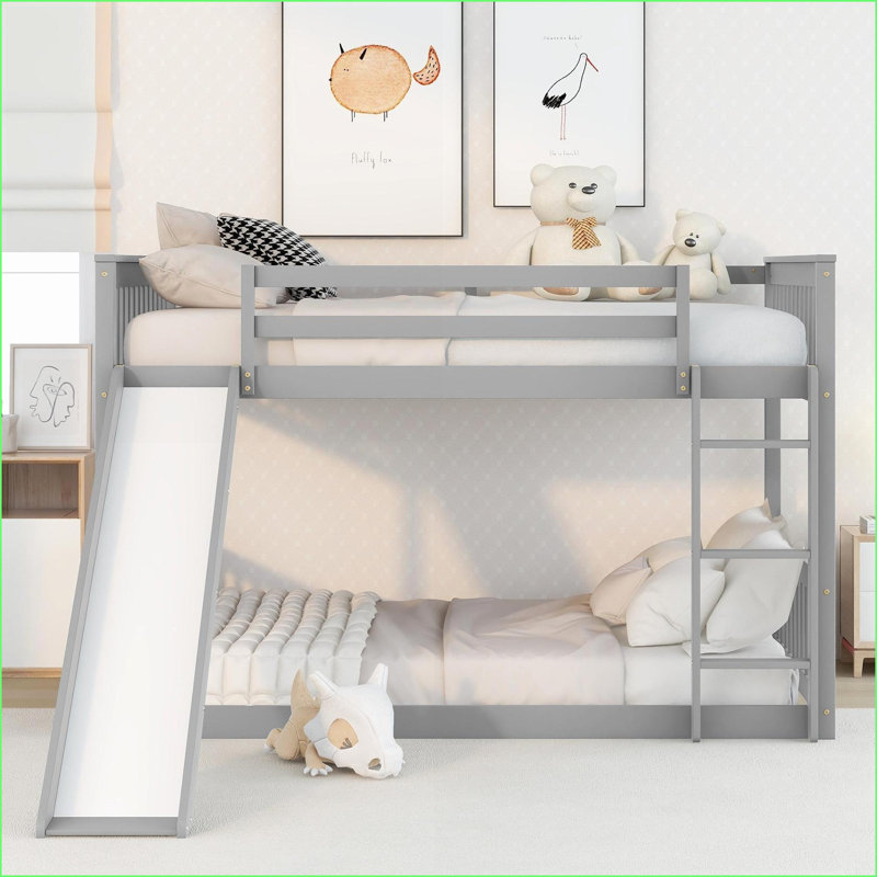 Lit superposé double en bois de pin massif avec glissière interchangeable Échelle - Aucun sommier requis, gris, Gris