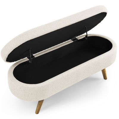 Rubber Wood Legged Oval Storage Bench In Beige - Covered With Stylish Linen Linen-Upholstered Resting On Solid Legs