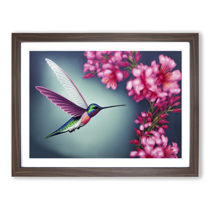 Floral Hummingbird - Single Picture Frame Print, 46cm H x 64cm W x 2cm D, Walnut Framed
