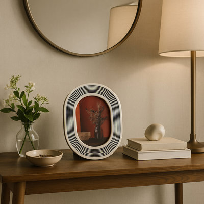Artistic Striped Photo Frame - Oval Decorative Frame Perfect For Wall Decor Accent - Decorative Frame For Gallery Walls Or Entryway - Black & White