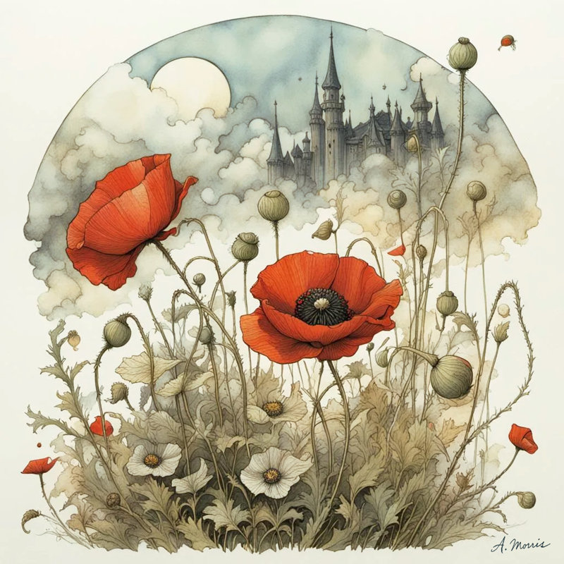 «Whimsical Castle Poppies - Red Bloom Fantasy», art sur toile