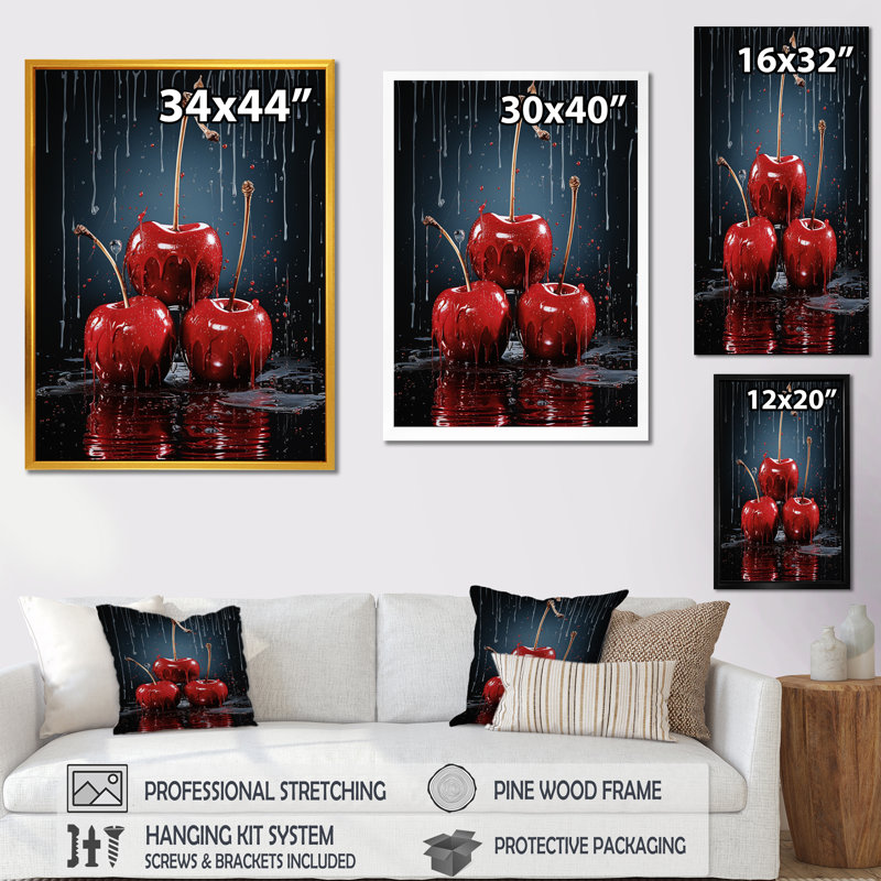 Red Cherry Delight 2 - art mural cerise, H 32 po x l 24 po x P 1 po, Cadre doré simple