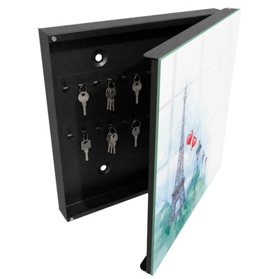 Key box, Opens to the right, 30x30x5, Black, The Eiffel Tower and balloons on a blue background, 