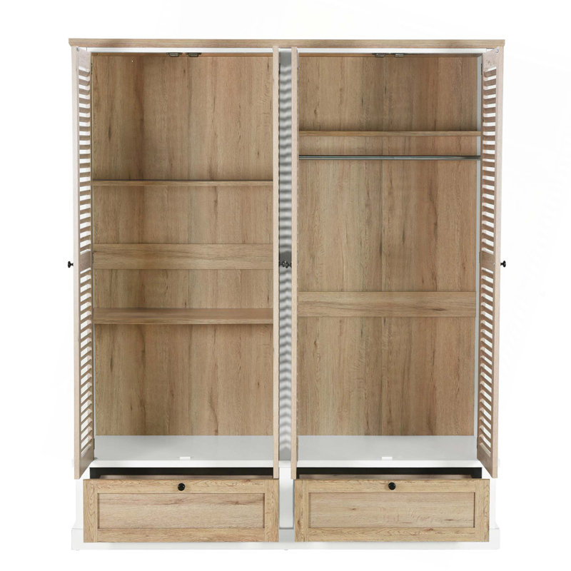 Armoire penderie 4 portes à 2 volets avec 2 tiroirs, Naturel / Blanc