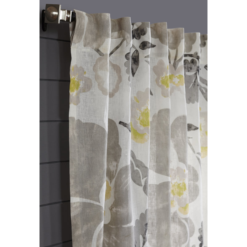 Floral Print 100% Linen Light Filtering Curtain Panel with Back Tabs for Bedroom, 52" W x 108" L