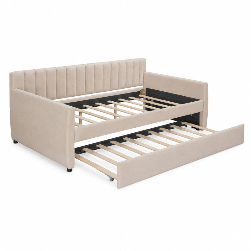 Keval Full Size Upholstered Daybed with Trundle, Beige