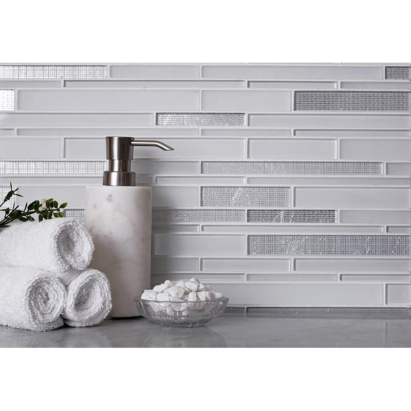 11.8" x 12.2" Glass Mosaic Tile, White/Silver