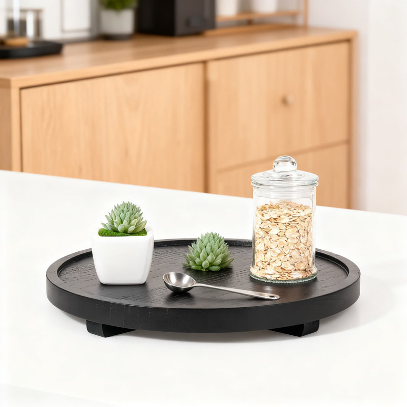 Rustic Round Wooden Tray, Handmade Farmhouse Vanity Organizer For Bathroom Counter & Kitchen Decor, Wooden Riser For Soap, Candles, Perfume & Essentials
