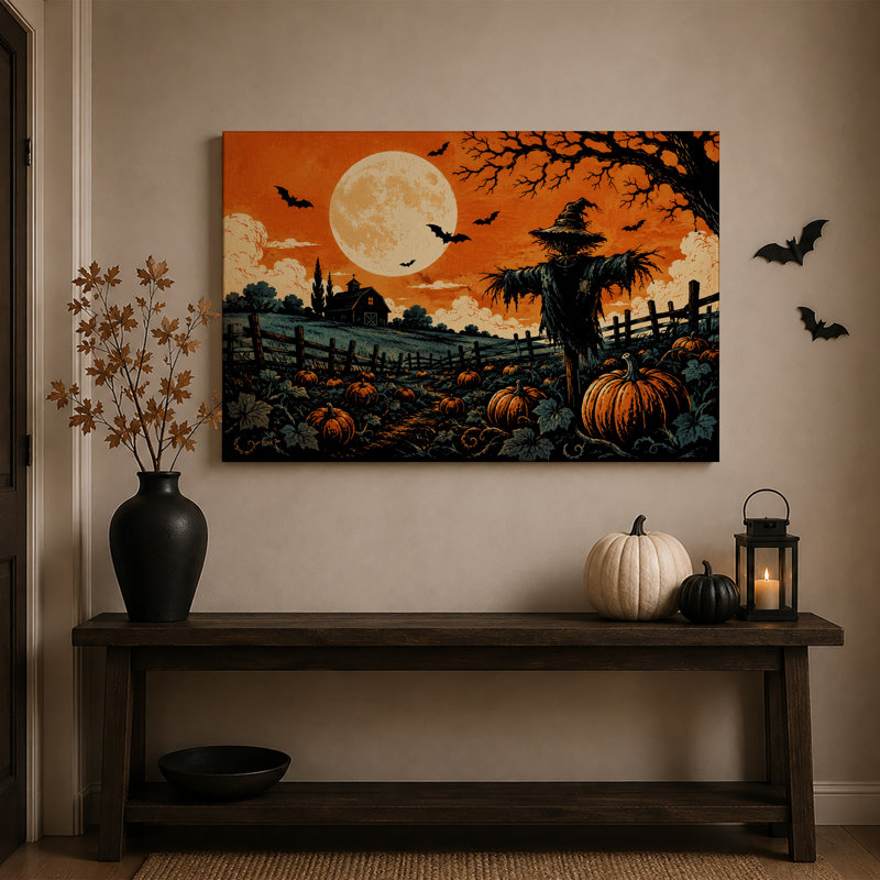 Tableau sur toile représentant un champ de citrouilles orange avec épouvantail et pleine lune pour l'Halloween, 28"H x 40"W