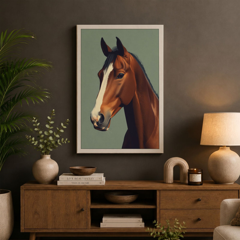 Bay Horse Portrait Modern - Wrapped Canvas, 24x16 - 61.0 x 40.6 cm, Cream Border