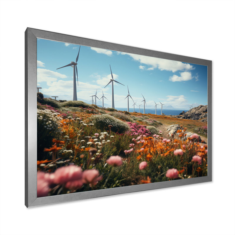 Wind Turbines Floral Field I sur impression sur toile, Cadre simple argenté, H 24 po x l 32 po x P 1 po