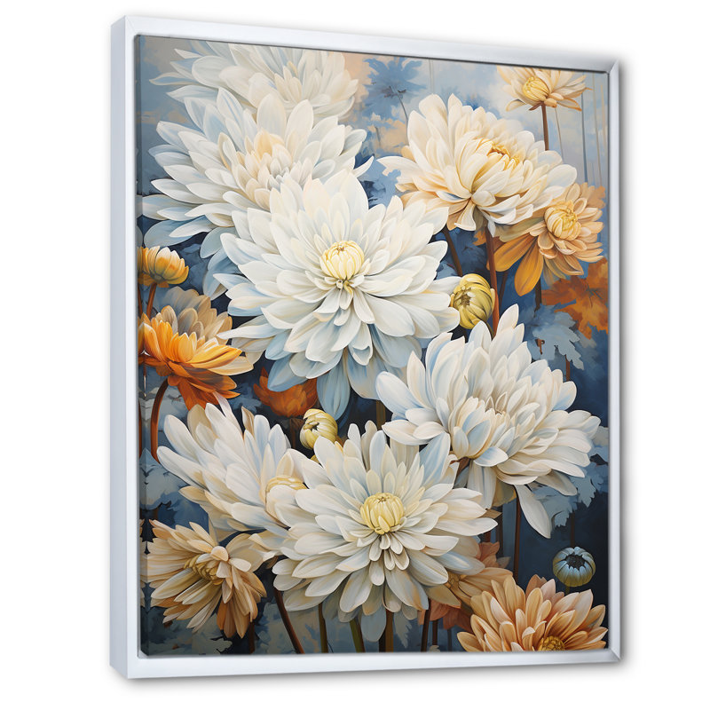 " Mums Painting Beige White And Blue I ", 32" H x 24" W x 1" D, White Floater Framed