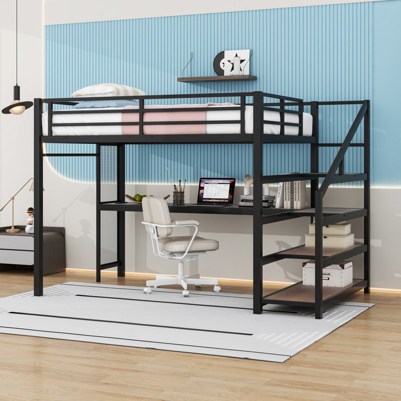 Lit mezzanine en métal avec bureau, escalier de rangement, lumières DEL et ports USB, Full