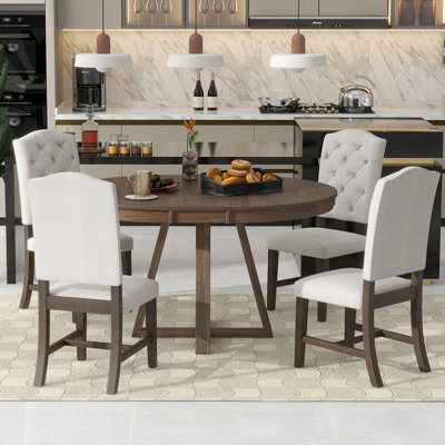 5-Piece Retro Functional Dining Set, Round Table With A 16""W Leaf And 4 Upholstered Chairs -  Ophelia & Co., 98A325E9EFFE4635B5B60B5A01492AE0