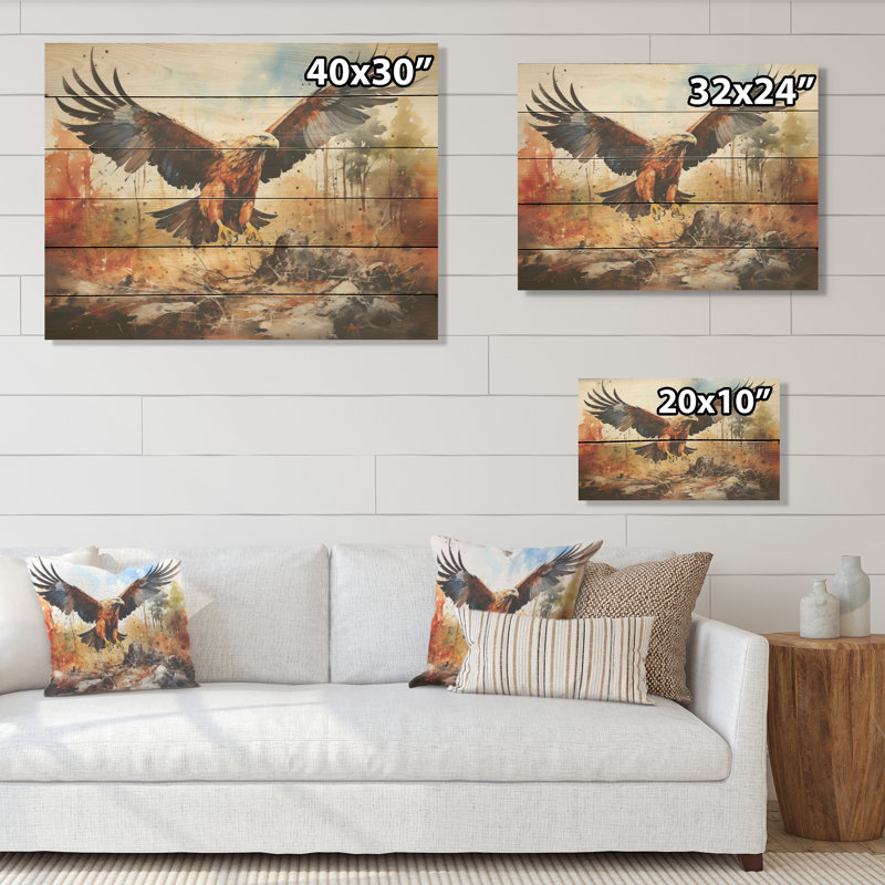 Eagle In Flight Hunting - Hunting & Fishing Wood Wall Art On Natural Pine Wood, 24" H x 32" W