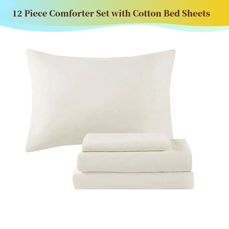 12-Piece Comforter Set with Bed Sheets & Decorative Pillows, Jacquard Damask Design, Silver
