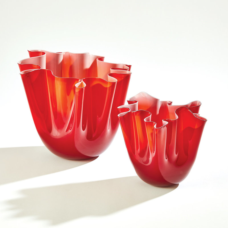 Handkerchief Handmade Glass Table Vase, Deep Red, 7.5" H x 8.75" W x 8.75" D