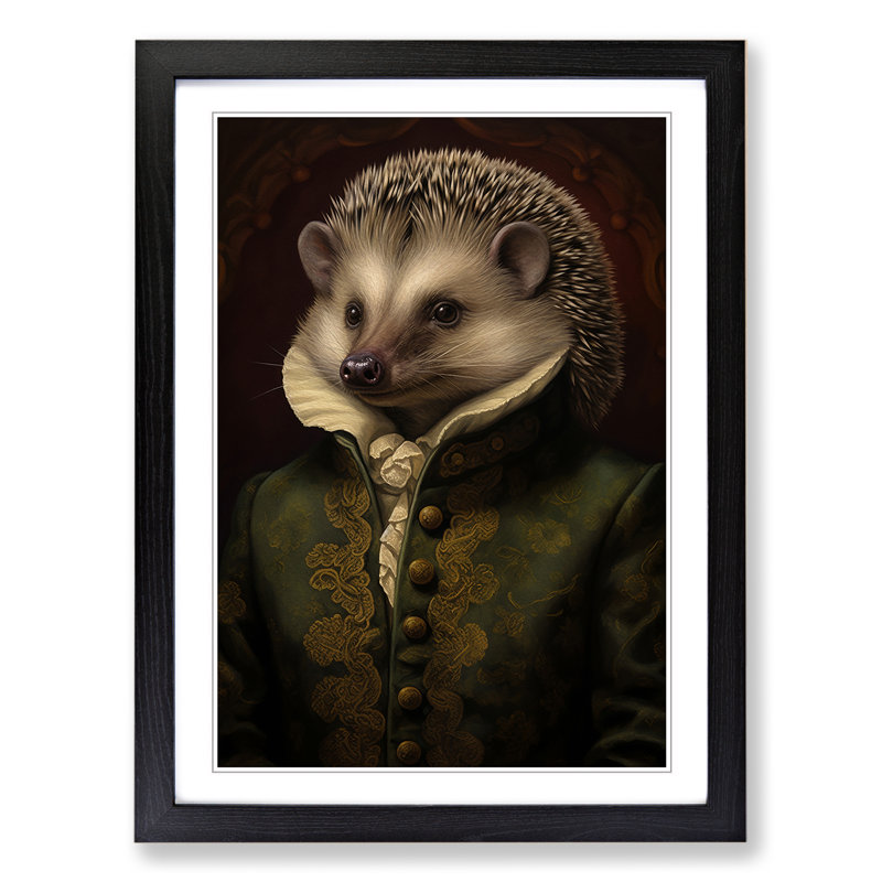 Hedgehog Baroque - Single Picture Frame Print on Wood, Black Framed, 34cm H x 25cm W