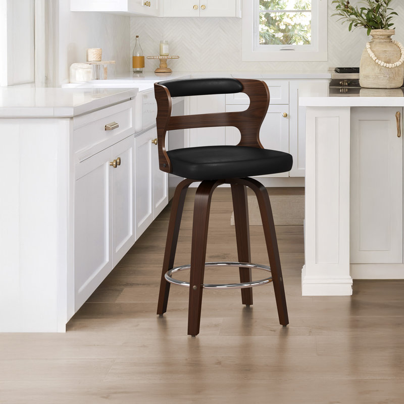 Liahna Swivel Upholstered Bar Stool with Wood Frame , Black/Black