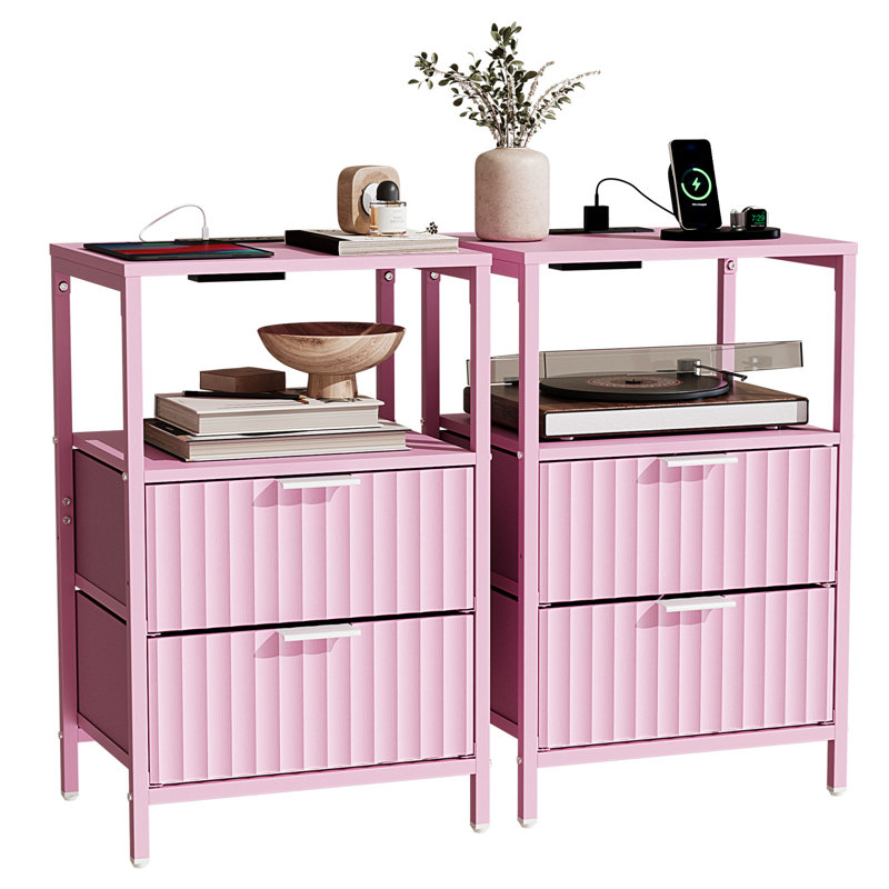 15 Inches Wide Odriscoll - 2 Drawers, 1 Shelf, US Power Outlet - Set Of 2, Pink