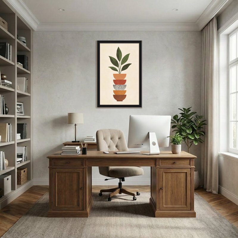 Pots abstraits empilés avec motif de plantes vertes, H 18 po x l 12 po