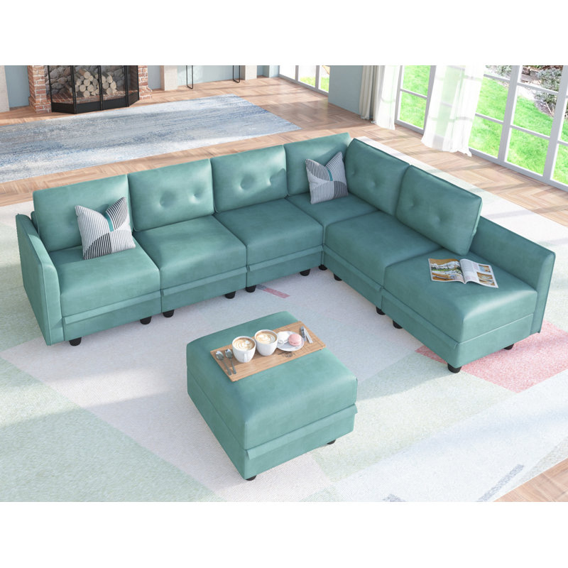 Breseis Upholstered L-Shaped Sectional Reversible, Teal Green Faux Leather