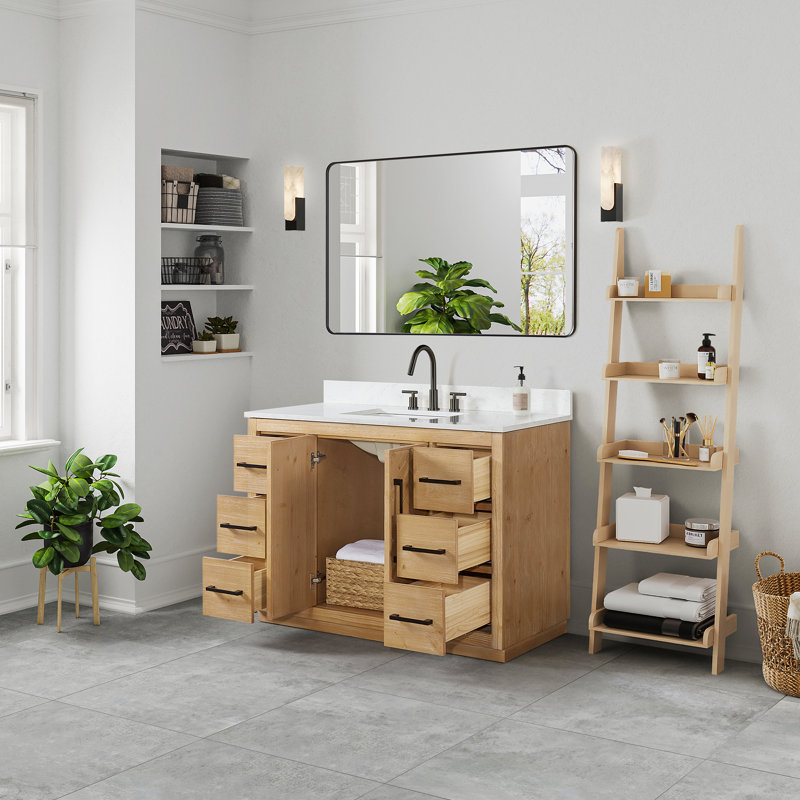 Jareth 48'' Natural Wood Single Bathroom Vanity with White Stone Top