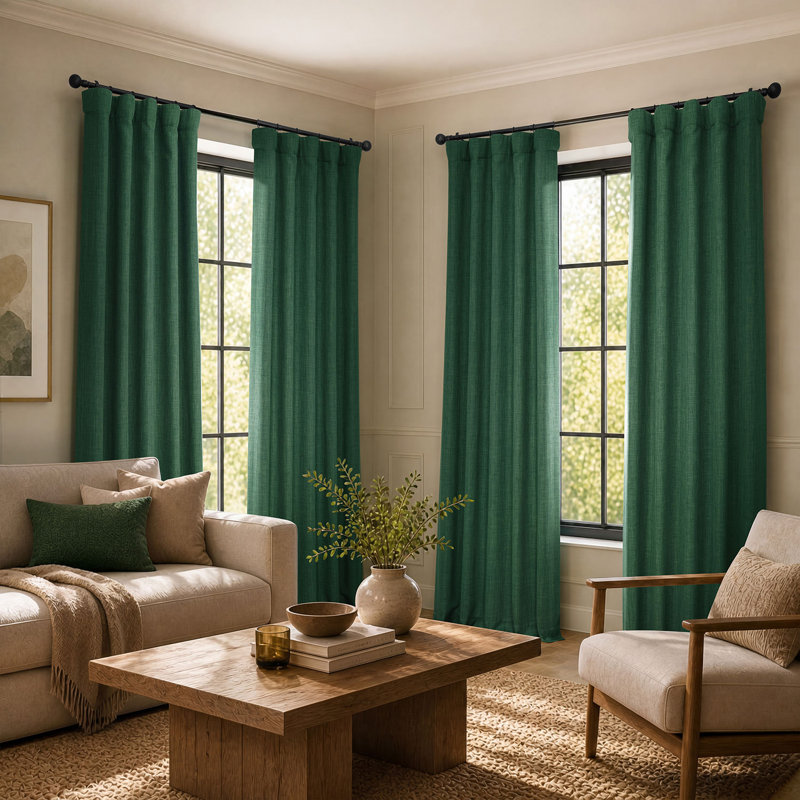 Ottis Faux Linen Room Darkening Curtain Panel, Key Green, 50" W x 84" L