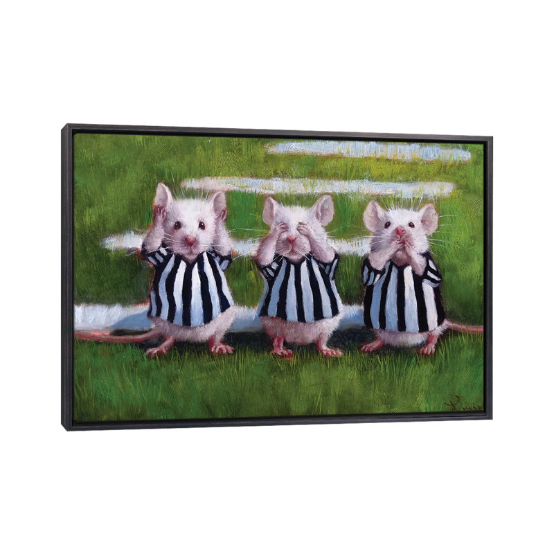 «Three Blind Mice», art encadré, H 26 po x l 40 po x 1,5 po, Toile avec cadre noir patiné