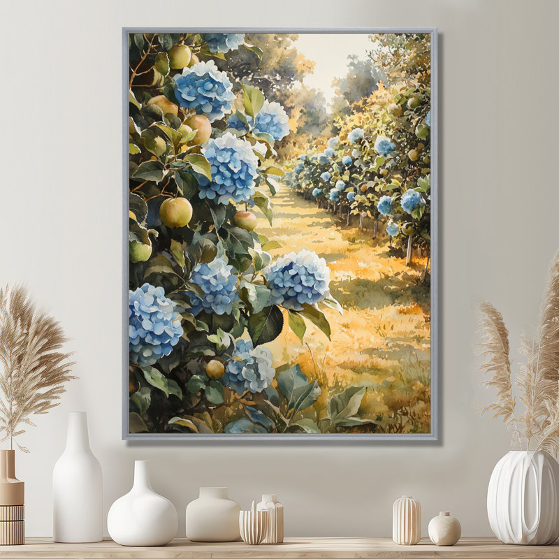 «Emrich Hydrangeas In The Apple Orchard I», art mural sur toile Hydrangea, Argent argent, H 20 po x l 12 po