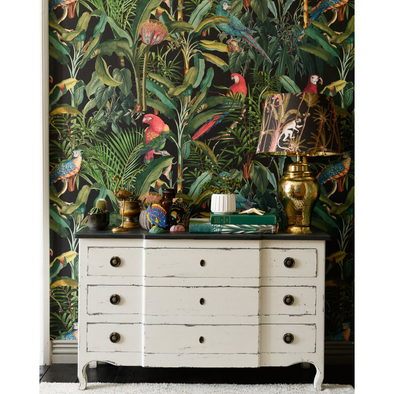 Tropical Wanderlust Floral Wallpaper Roll, Green/Black/Red
