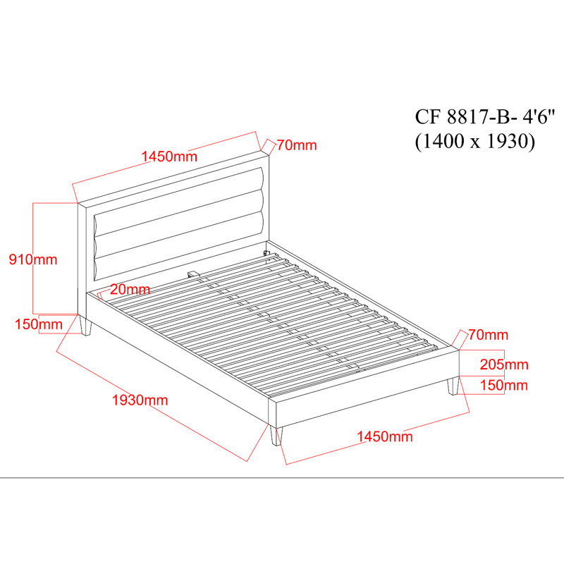 Kovi Upholstered Bed, Double (4'6) [145 x 207 cm], Grey